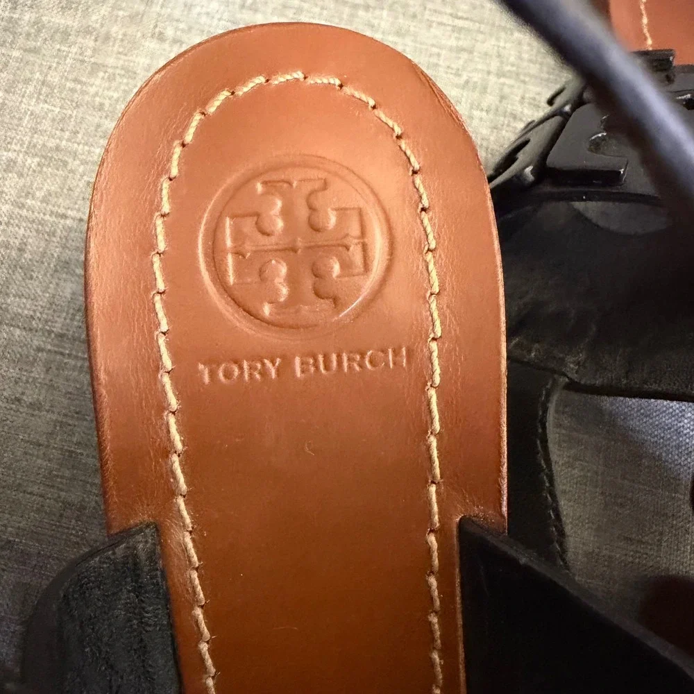 Tory Burch Sandals Womens 7M Black Ines Block Heel Leather Tonal Logo 5930A